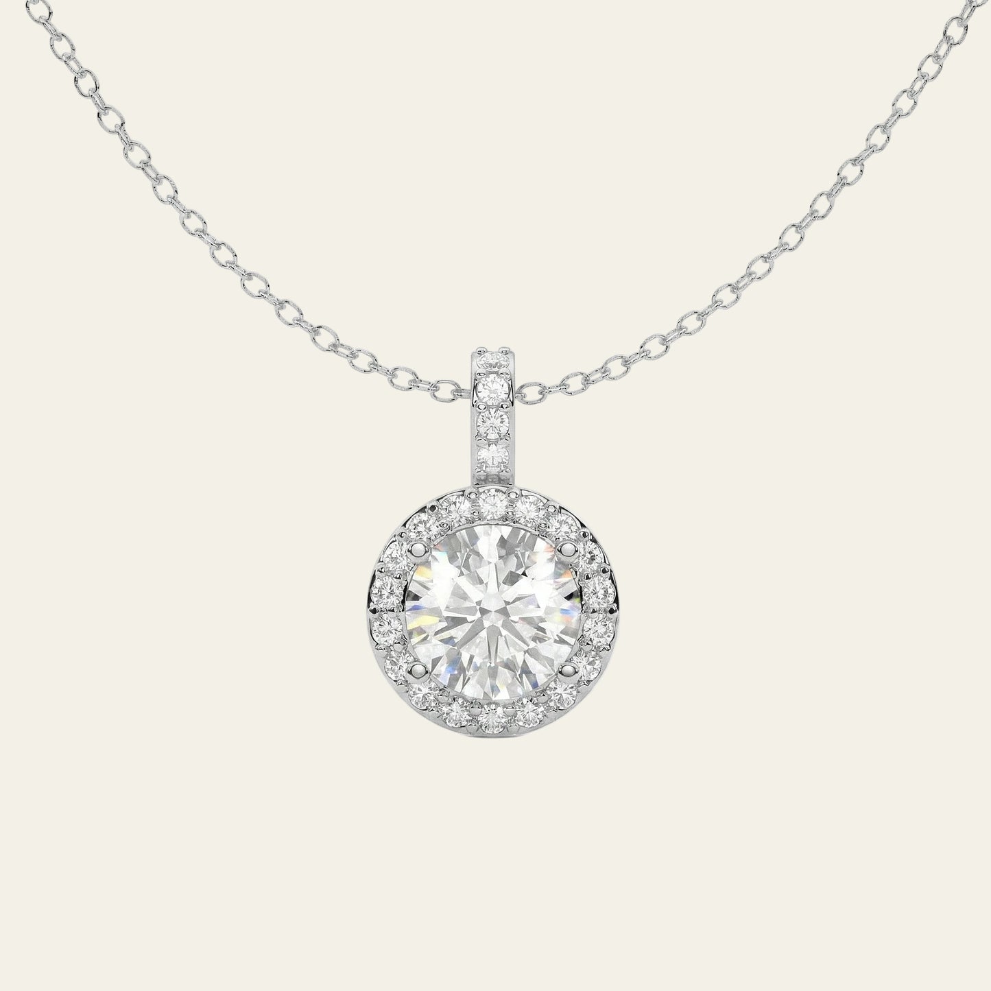 Radiant 1.97 ct Round Moissanite Halo Prong 925 Silver Necklace