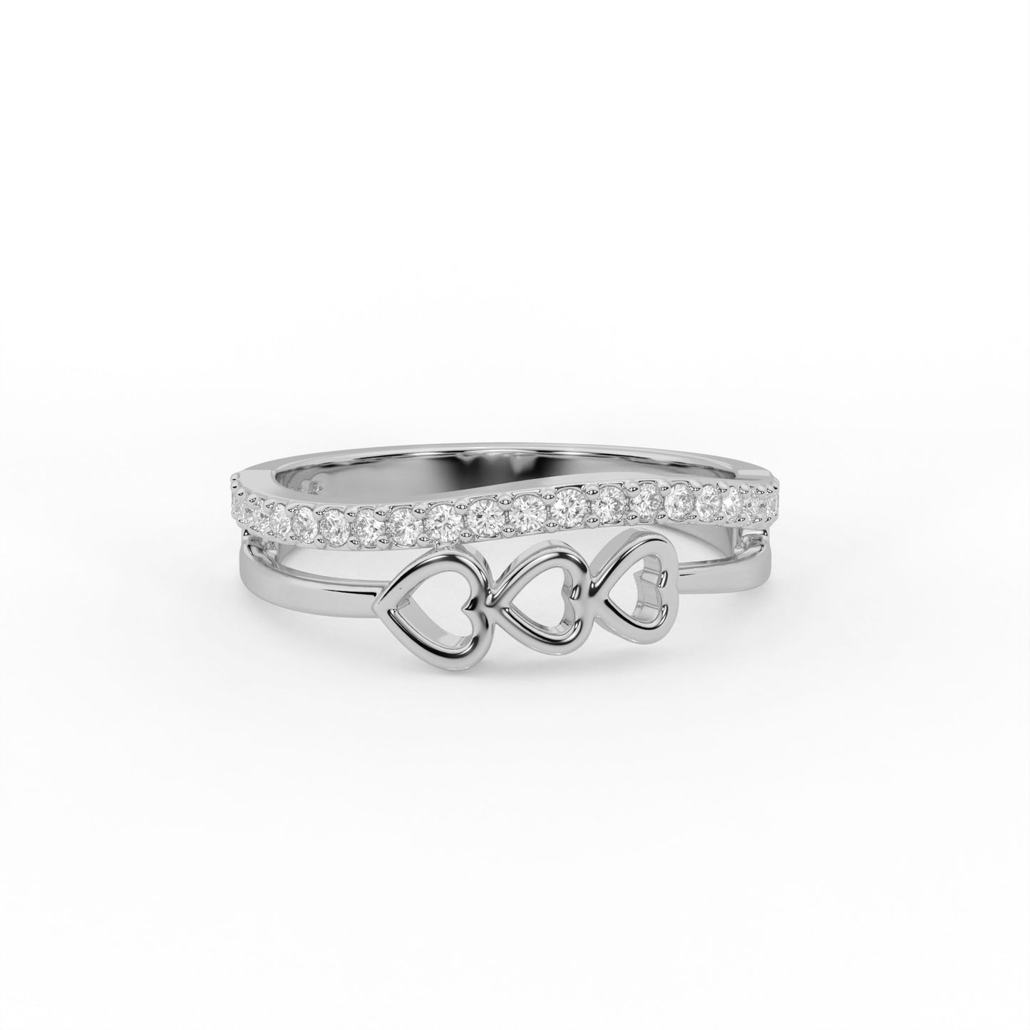 Cherish 0.18 ct Round Moissanite Pavé Triple Heart 925 Silver Ring