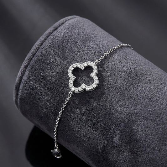 Clover Moissanite Silver Bracelet - Minimalist Good Luck Jewelry for Women