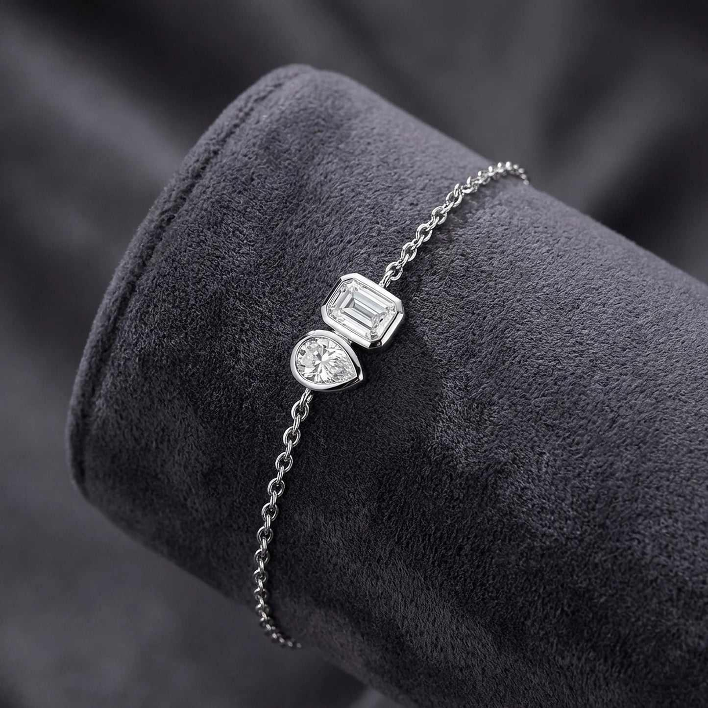 1.5ct Toi et Moi Moissanite Silver Bracelet - Emerald & Pear Bezel Set