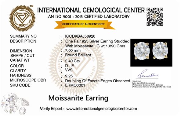 Lustre 2.4 ct Round Moissanite Prong 925 Silver Stud Earrings