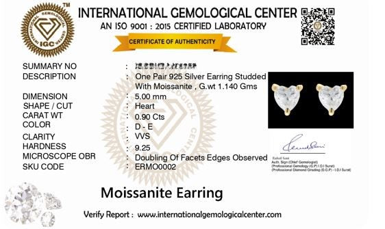 Adore 0.9 ct Heart Moissanite Prong 925 Silver Stud Earrings