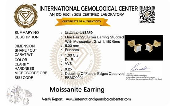 Crown 1 ct Princess Moissanite Prong 925 Silver Stud Earrings