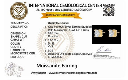 Charm 1.8 ct Cushion Moissanite Prong 925 Silver Stud Earrings