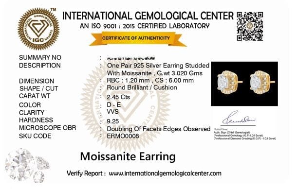 Radiance 2.4 ct Cushion Moissanite Halo 925 Silver Stud Earrings