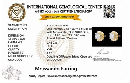 Radiance 2.4 ct Cushion Moissanite Halo 925 Silver Stud Earrings