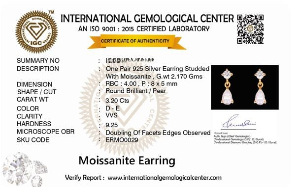 Pearline 3.2 ct Pear and Round Cut Moissanite 925 Silver Drop Earrings