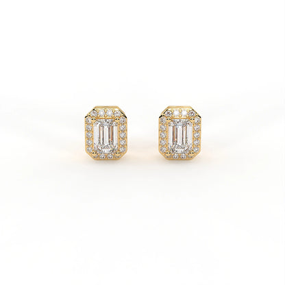 Majesty 2.1 ct Emerald Moissanite Halo 925 Silver Stud Earrings with signature rainbow fire.