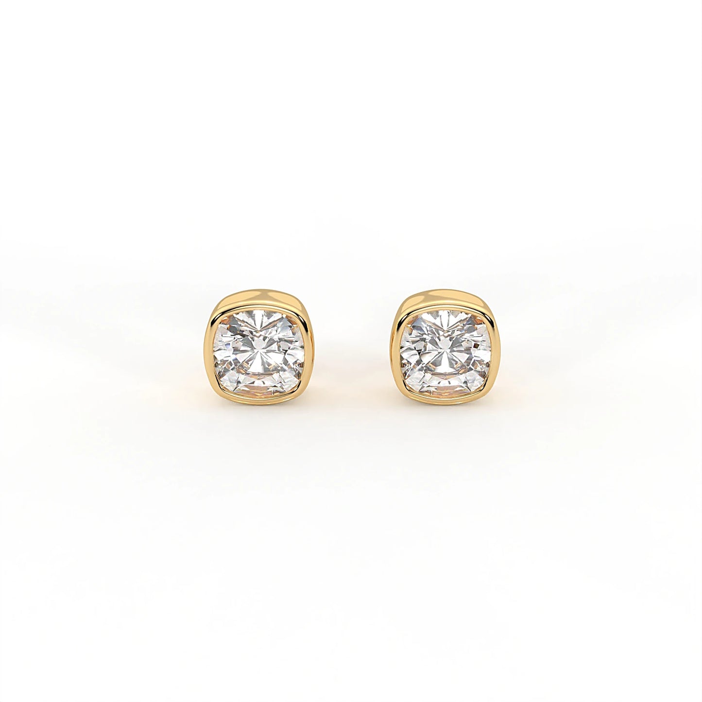 Muse 1.8 ct Cushion Moissanite Bezel-Set 925 Silver Stud Earrings with signature rainbow fire.