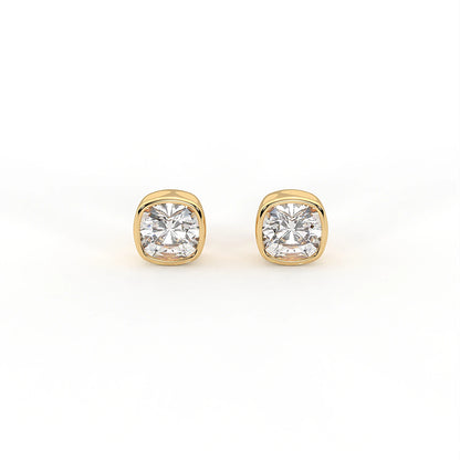 Muse 1.8 ct Cushion Moissanite Bezel-Set 925 Silver Stud Earrings with signature rainbow fire.
