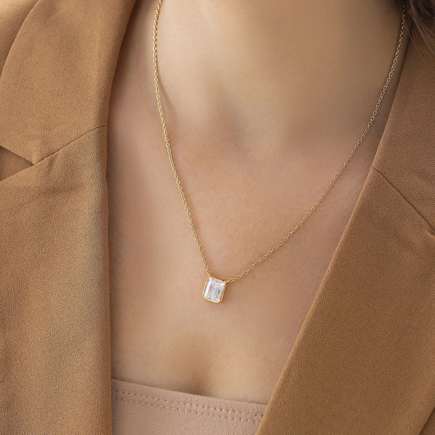 Emara 3.8 ct Emerald Moissanite Solitaire Bezel 925 Silver Necklace