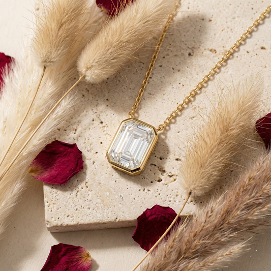 Emerald Cut Moissanite Solitaire Prong Sterling Silver Emara Necklace