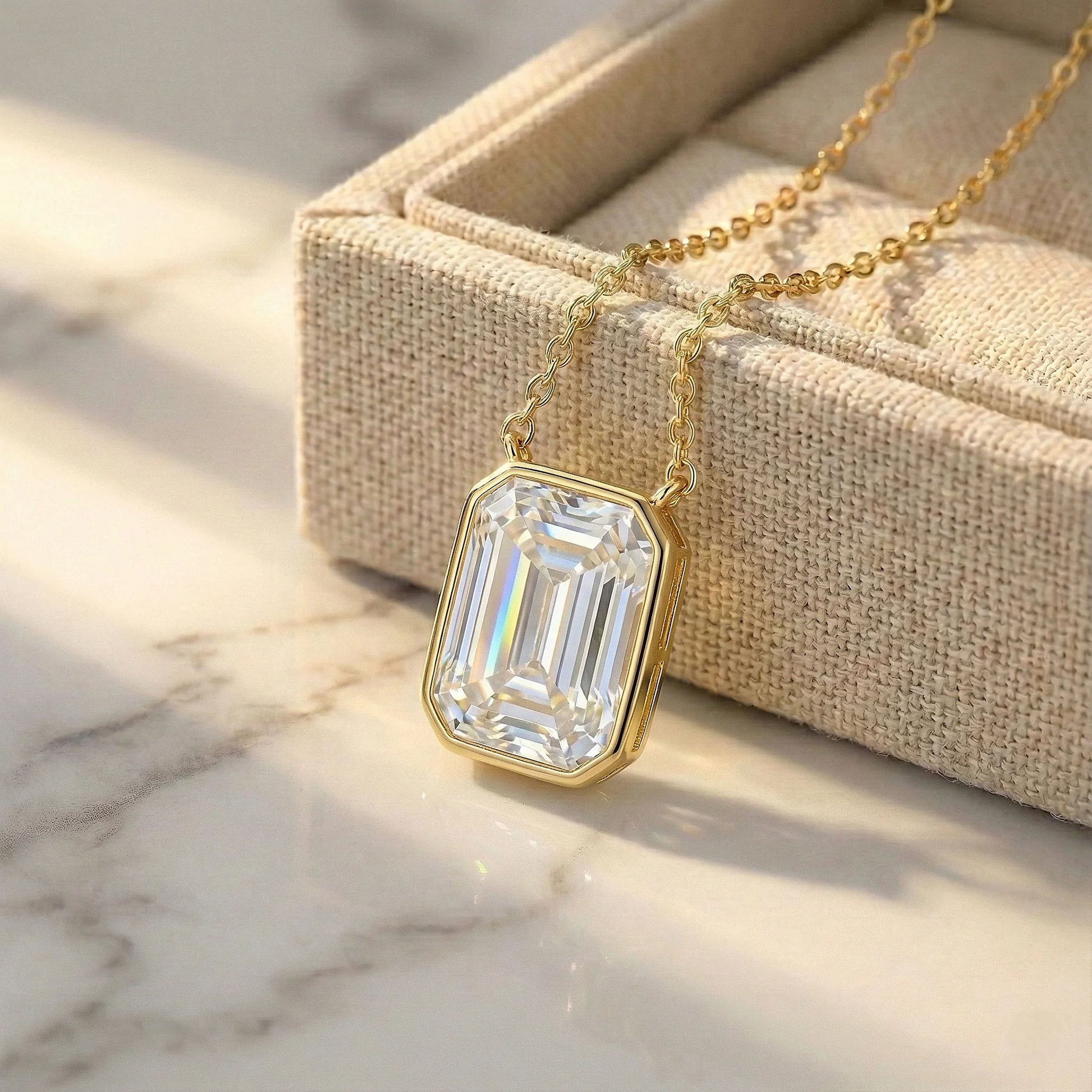 Emara 3.8 ct Emerald Moissanite Solitaire Bezel Necklace - Handcrafted 925 Silver luxury.