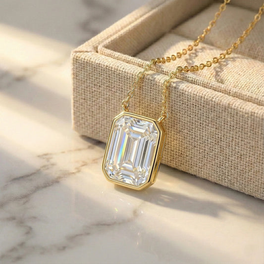 Emara 3.8 ct Emerald Moissanite Solitaire Bezel Necklace - Handcrafted 925 Silver luxury.