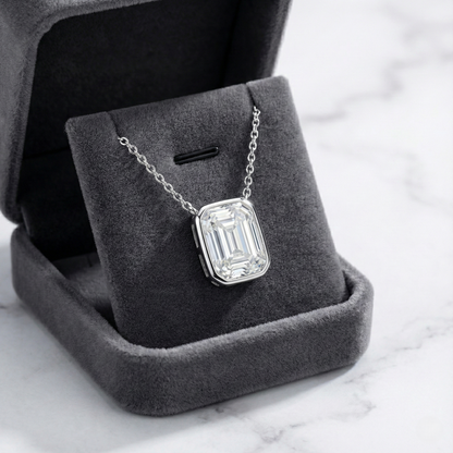 Emerald Cut Moissanite Solitaire Prong Sterling Silver Emara Necklace