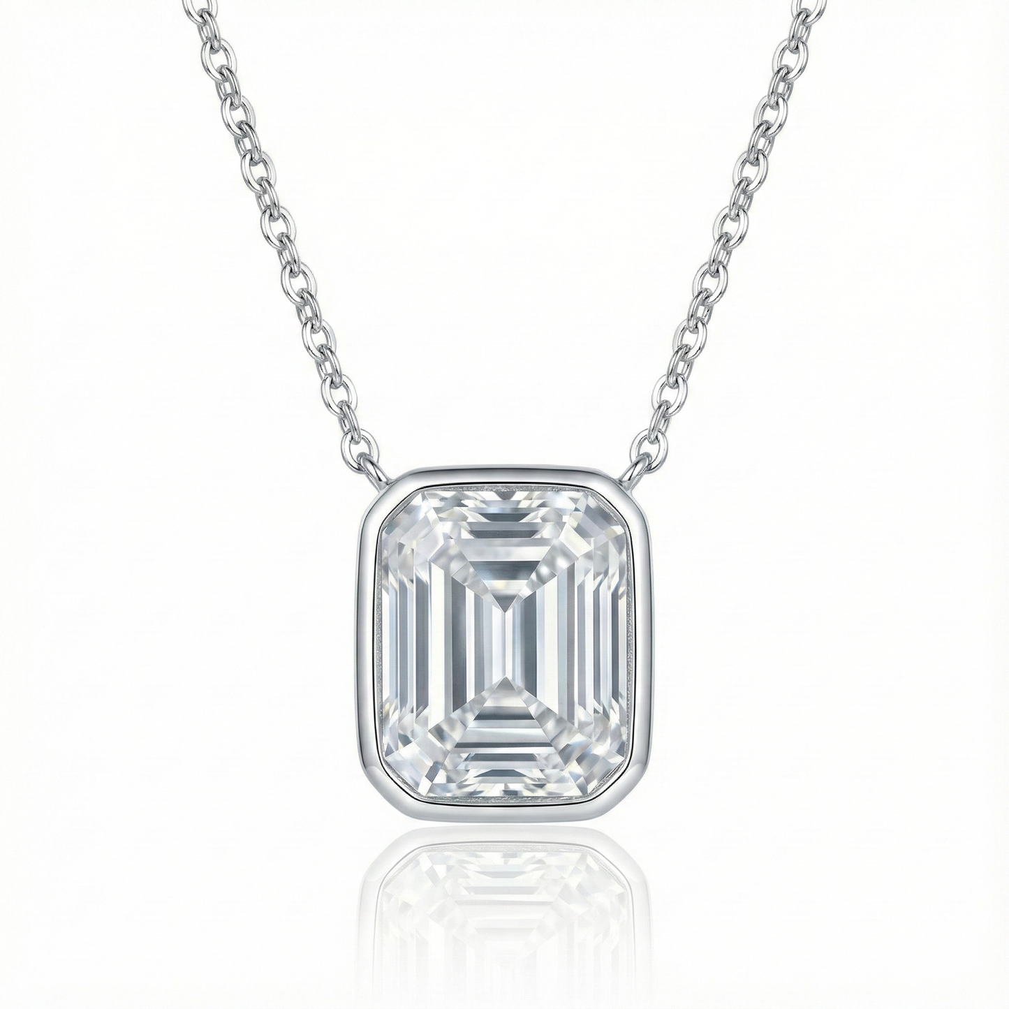 Emerald Cut Moissanite Solitaire Prong Sterling Silver Emara Necklace