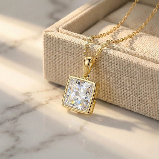 Regal 3.2 ct Princess Moissanite Solitaire Bezel 925 Silver Necklace