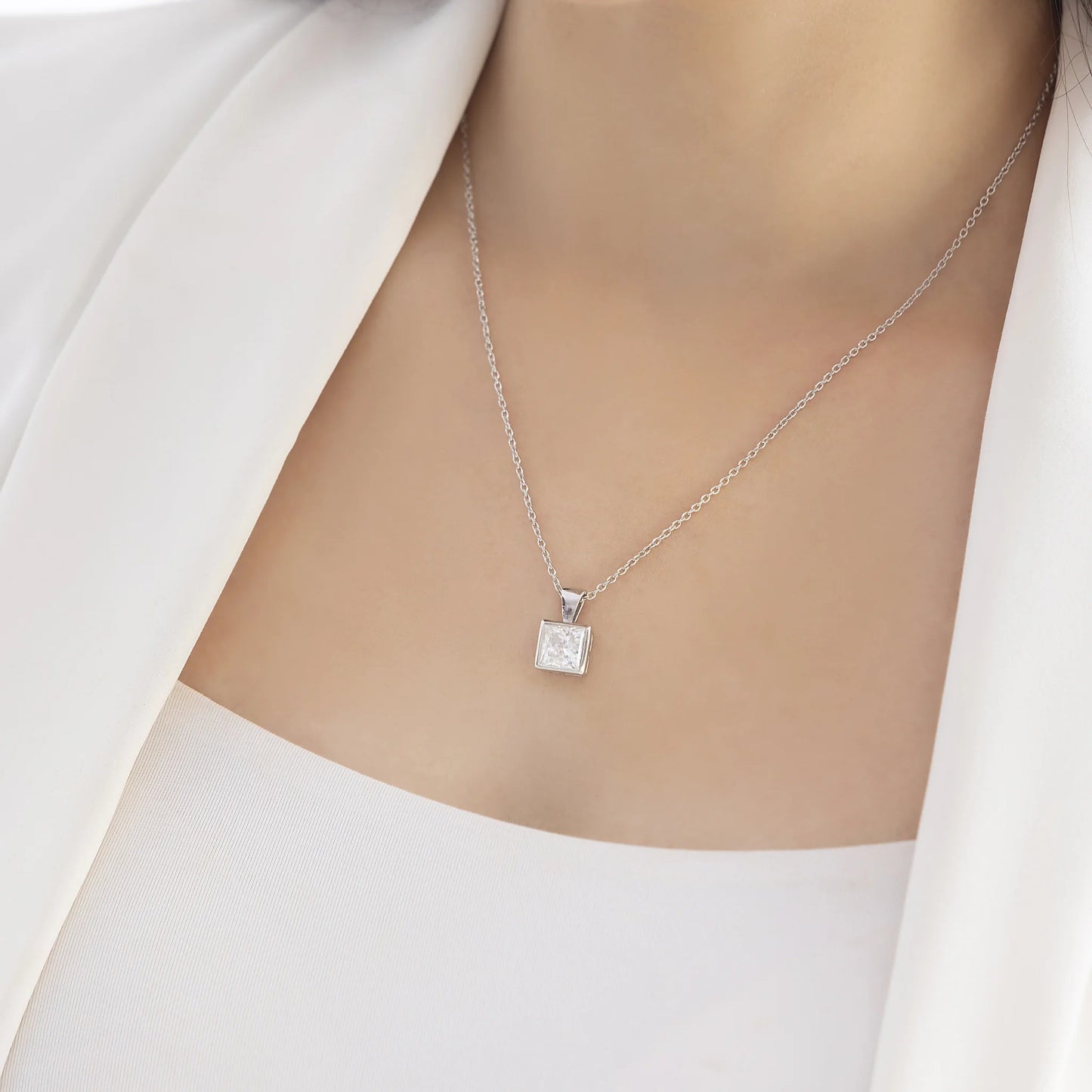 Regal 3.2 ct Princess Moissanite Solitaire Bezel 925 Silver Necklace