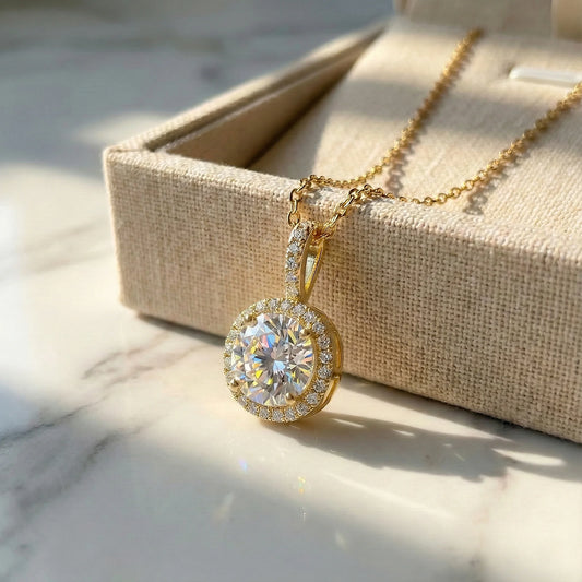 Radiant 1.97 ct Round Moissanite Halo Prong 925 Silver Necklace with signature rainbow fire.