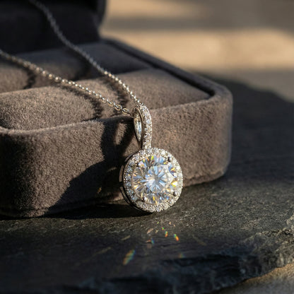 Radiant 1.97 ct Round Moissanite Halo Prong 925 Silver Necklace