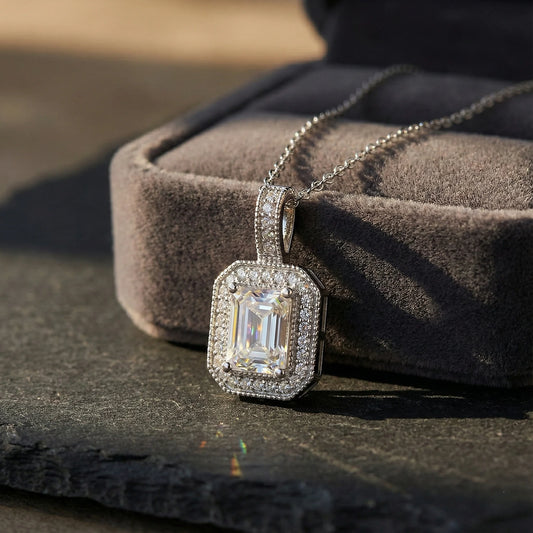 Lumière 1.90 ct Emerald Moissanite Halo Prong 925 Silver Necklace