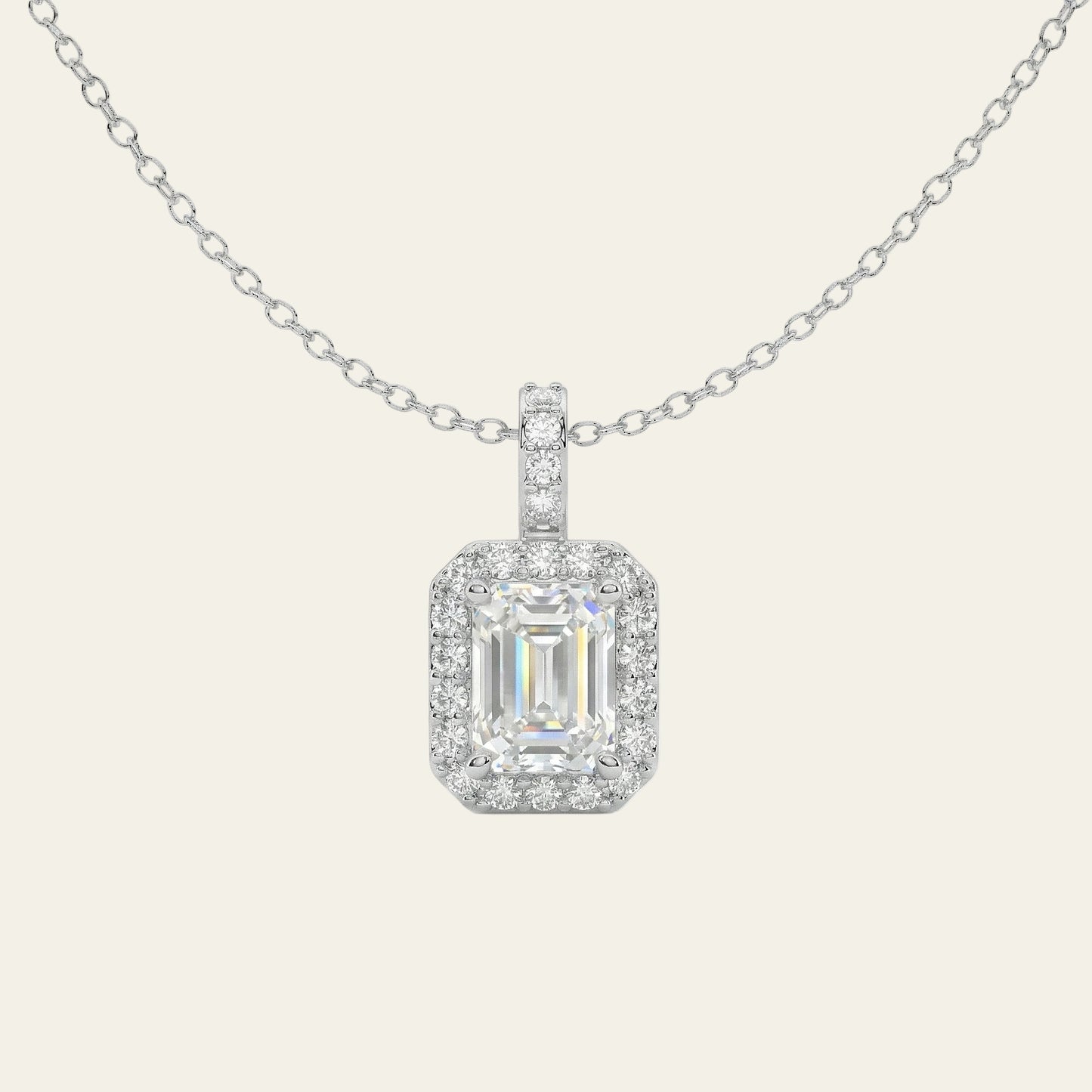 Lumière 1.90 ct Emerald Moissanite Halo Prong 925 Silver Necklace