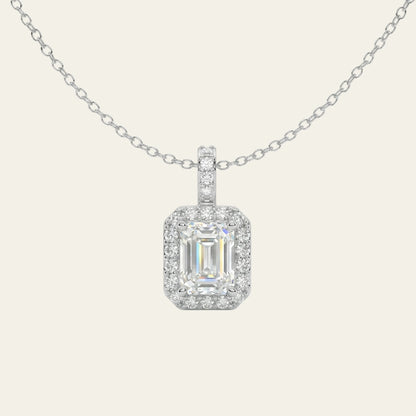 Lumière 1.90 ct Emerald Moissanite Halo Prong 925 Silver Necklace