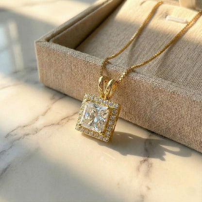 Idhani Orion 2.52 ct Princess Moissanite Halo Necklace in 925 Silver with signature rainbow fire.