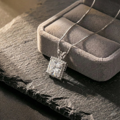 Orion 2.52 ct Princess Moissanite Halo Prong 925 Silver Necklace