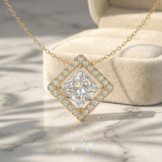 Vega 2.09 ct Princess Moissanite Floating Halo 925 Silver Necklace - Modern floating design.