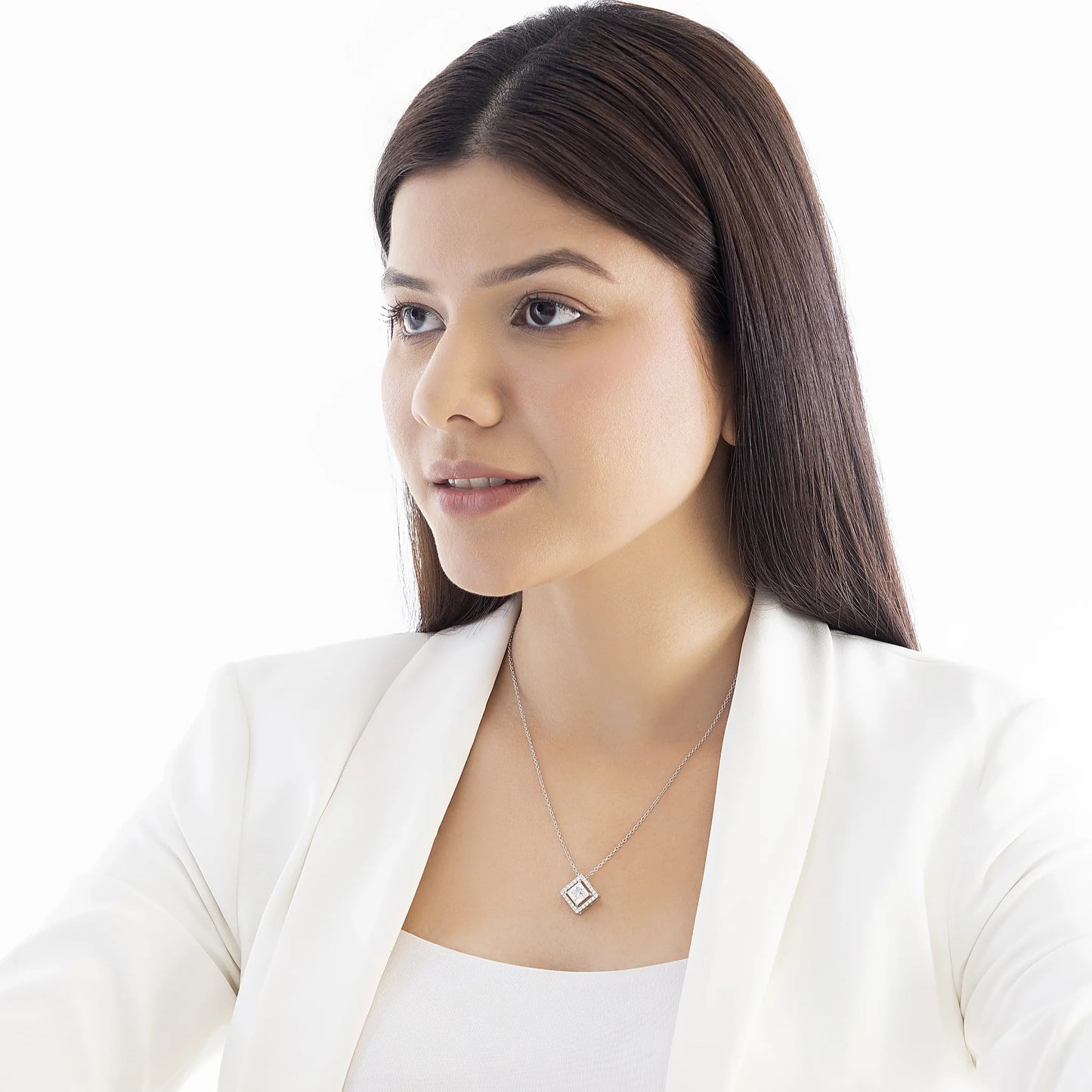 Vega 2.09 ct Princess Moissanite Floating Halo 925 Silver Necklace