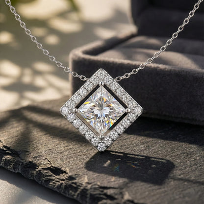 Vega 2.09 ct Princess Moissanite Floating Halo 925 Silver Necklace