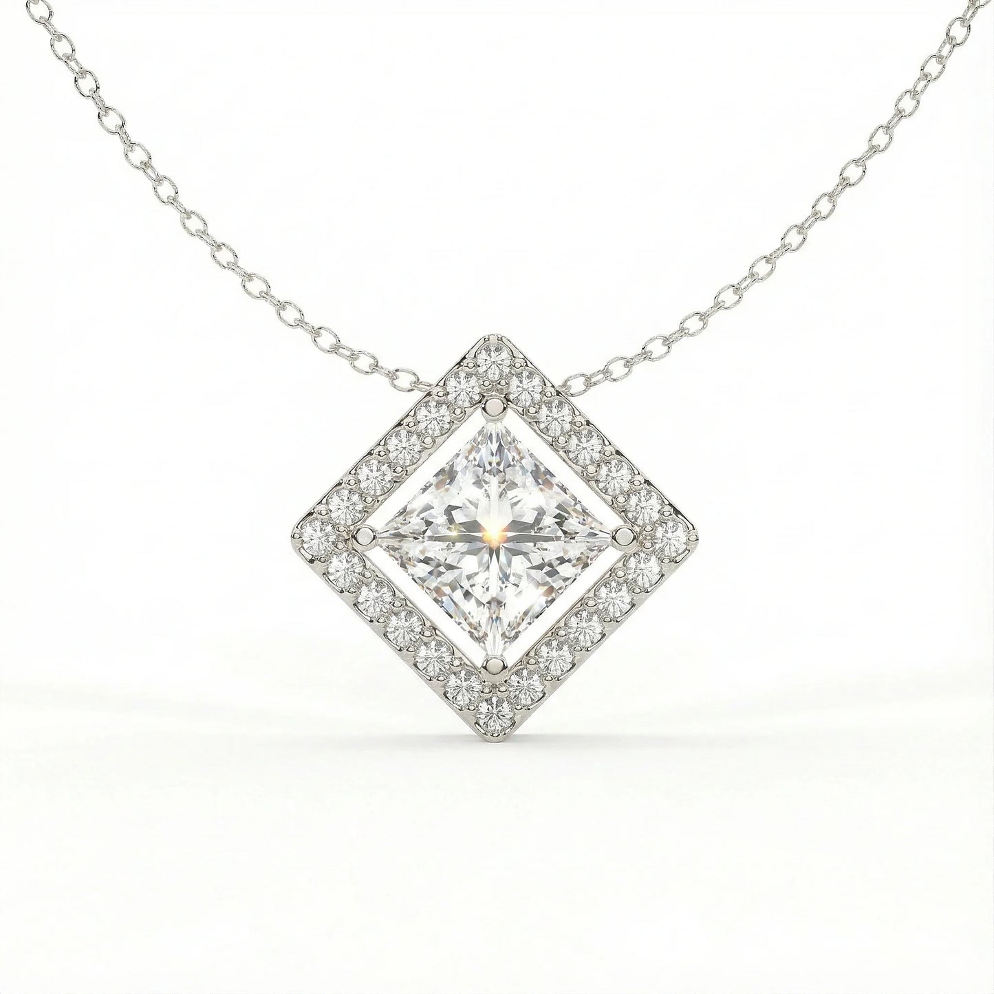 Vega 2.09 ct Princess Moissanite Floating Halo 925 Silver Necklace