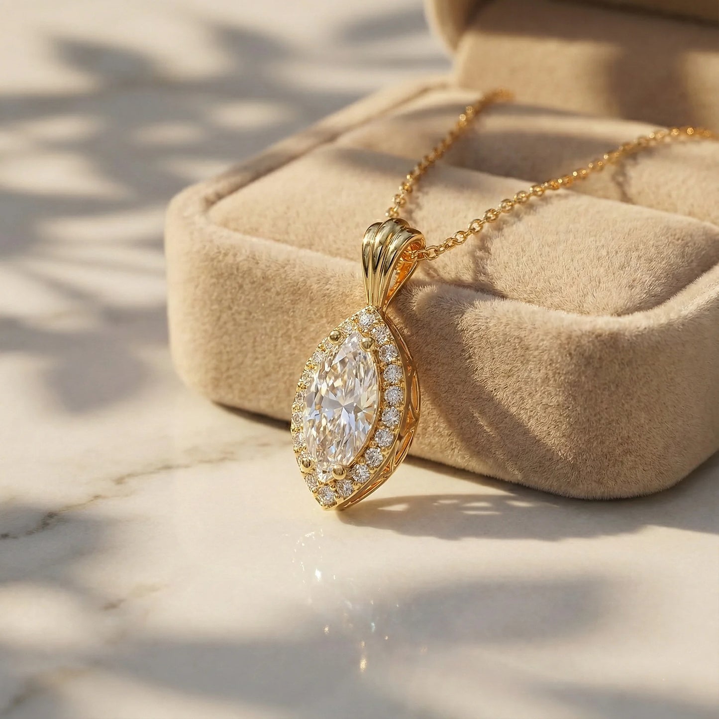 Celestia 1.11 ct Marquise Moissanite Halo Prong 925 Silver Necklace - Brilliant sparkle.