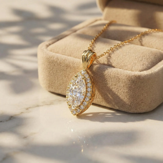 Celestia 1.11 ct Marquise Moissanite Halo Prong 925 Silver Necklace - Brilliant sparkle.