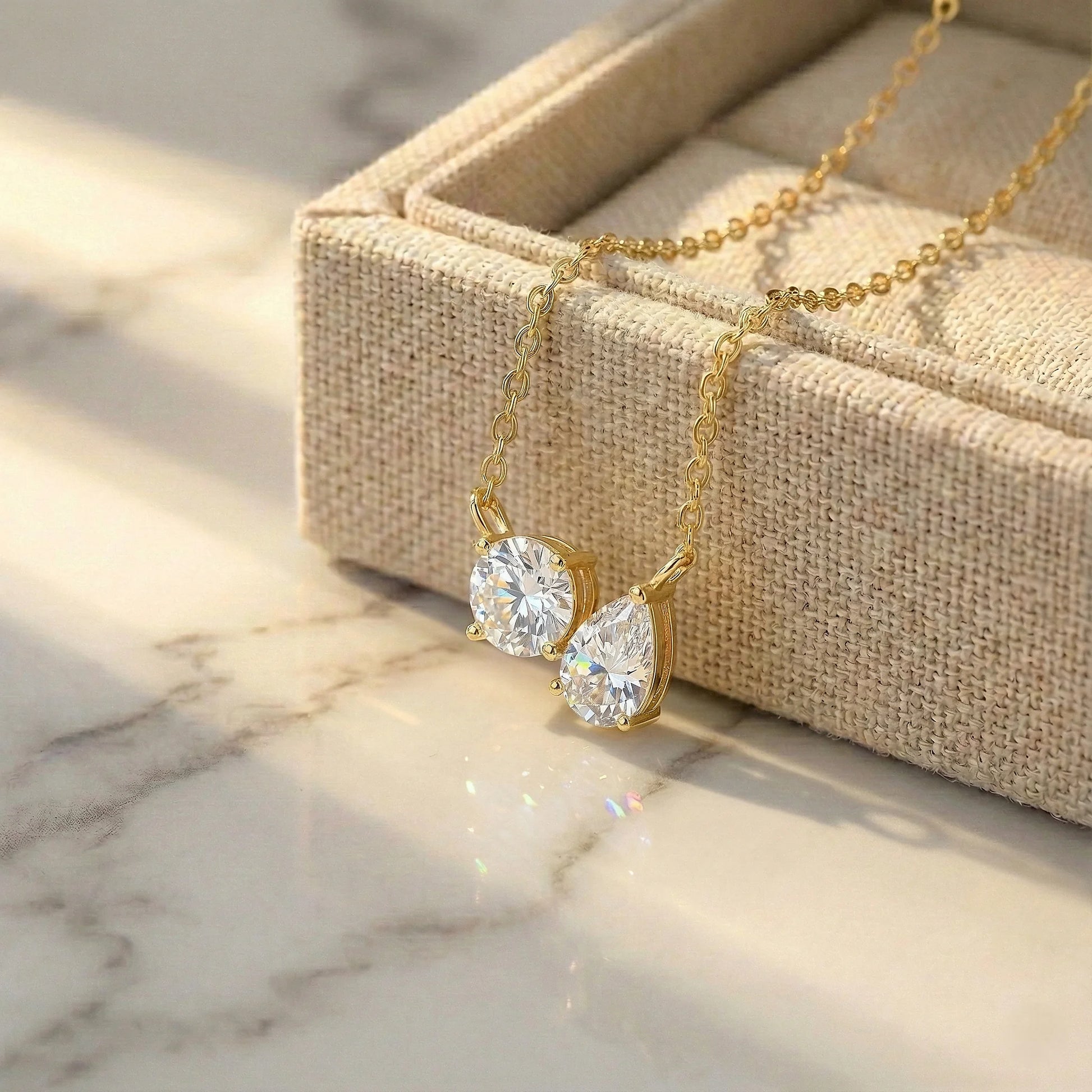 Aurora 2.21 ct Round & Pear Duo Moissanite Drop 925 Silver Necklace with rainbow fire.