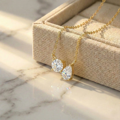 Aurora 2.21 ct Round & Pear Duo Moissanite Drop 925 Silver Necklace with rainbow fire.