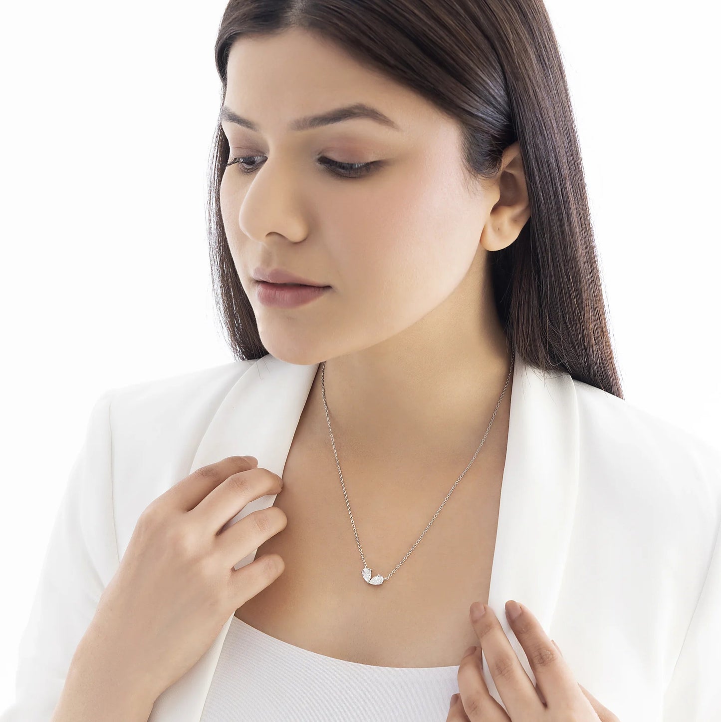 Amour 0.96 ct Pear Moissanite Twin Solitaire 925 Silver Necklace