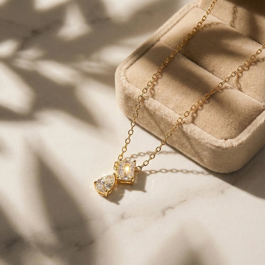 Celeste 3.27 ct Emerald & Pear Duo Moissanite Drop Necklace - Statement 925 Silver pendant.