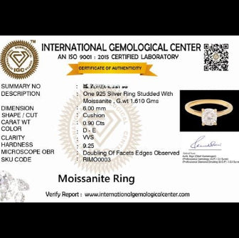 Lyra 0.9 ct Cushion Moissanite 925 Silver Solitaire Ring