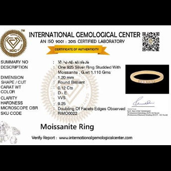Certificate of authenticity for a Moissanite ring from International Gemological Center.
