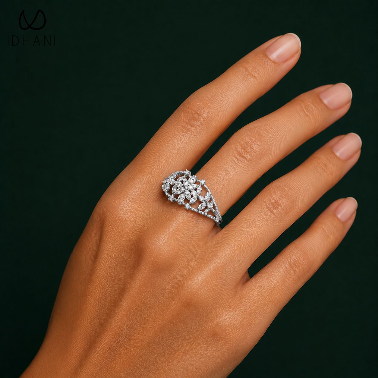 Magnolia 1.15 ct Marquise Pear Moissanite Floral 925 Silver Statement Ring