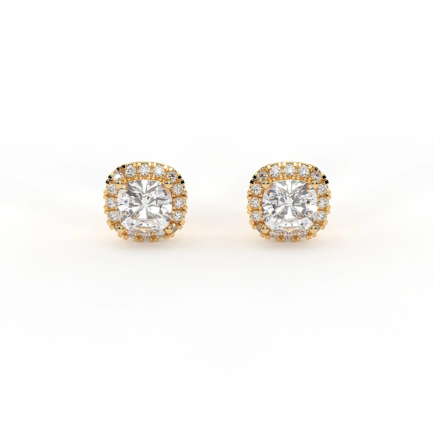 Radiance 2.4 ct Cushion Moissanite Halo 925 Silver Stud Earrings with signature rainbow fire.
