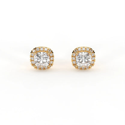 Radiance 2.4 ct Cushion Moissanite Halo 925 Silver Stud Earrings with signature rainbow fire.